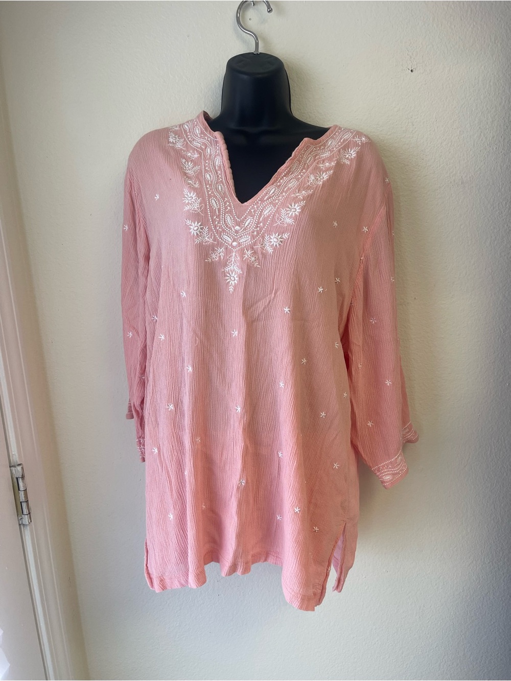 Light Pink Embroidered V-Neck Women’s Tunic Blouse